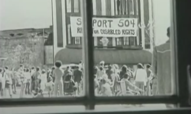 Black and white photo of 504 protests from 1977 in San Francisco